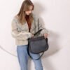 STELLA Leather Handbag - Grey & Suede