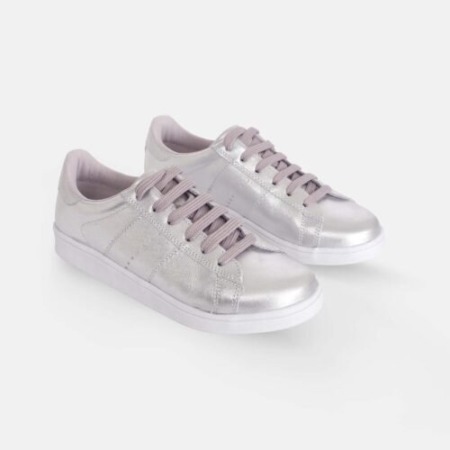 Women's Leather Sneakers - Metallic Silver